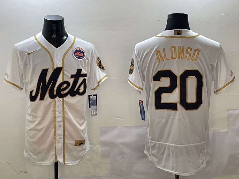 Men New York Mets #20 Alonso White Gold Elite 2025 Nike MLB Jersey style 2